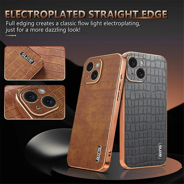 AZNS For iPhone 14 Case Crocodile Texture PU+TPU Electroplating Anti-Fall Phone Cover - Brown - 4