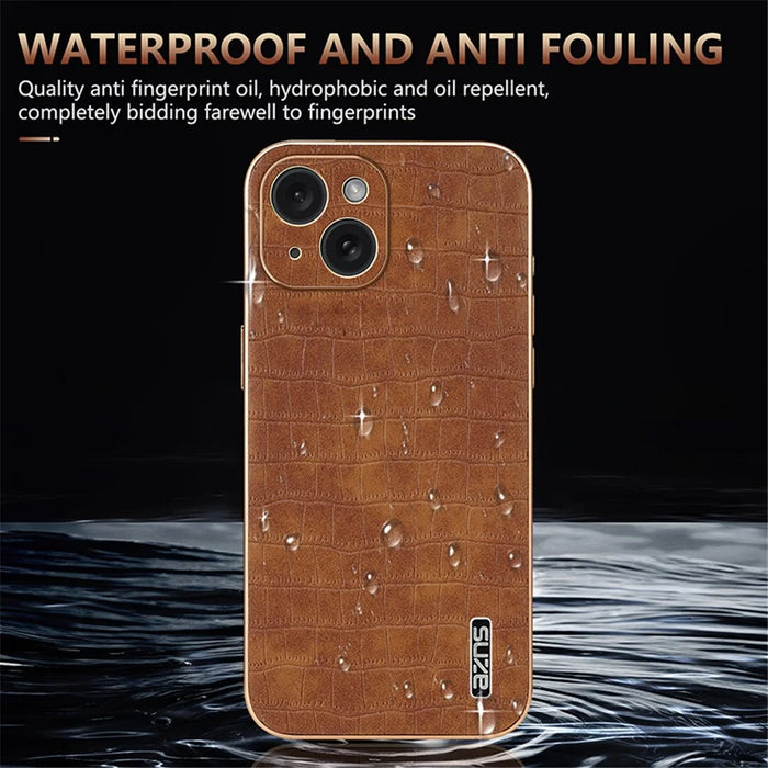 AZNS For iPhone 14 Case Crocodile Texture PU+TPU Electroplating Anti-Fall Phone Cover - Brown - 7