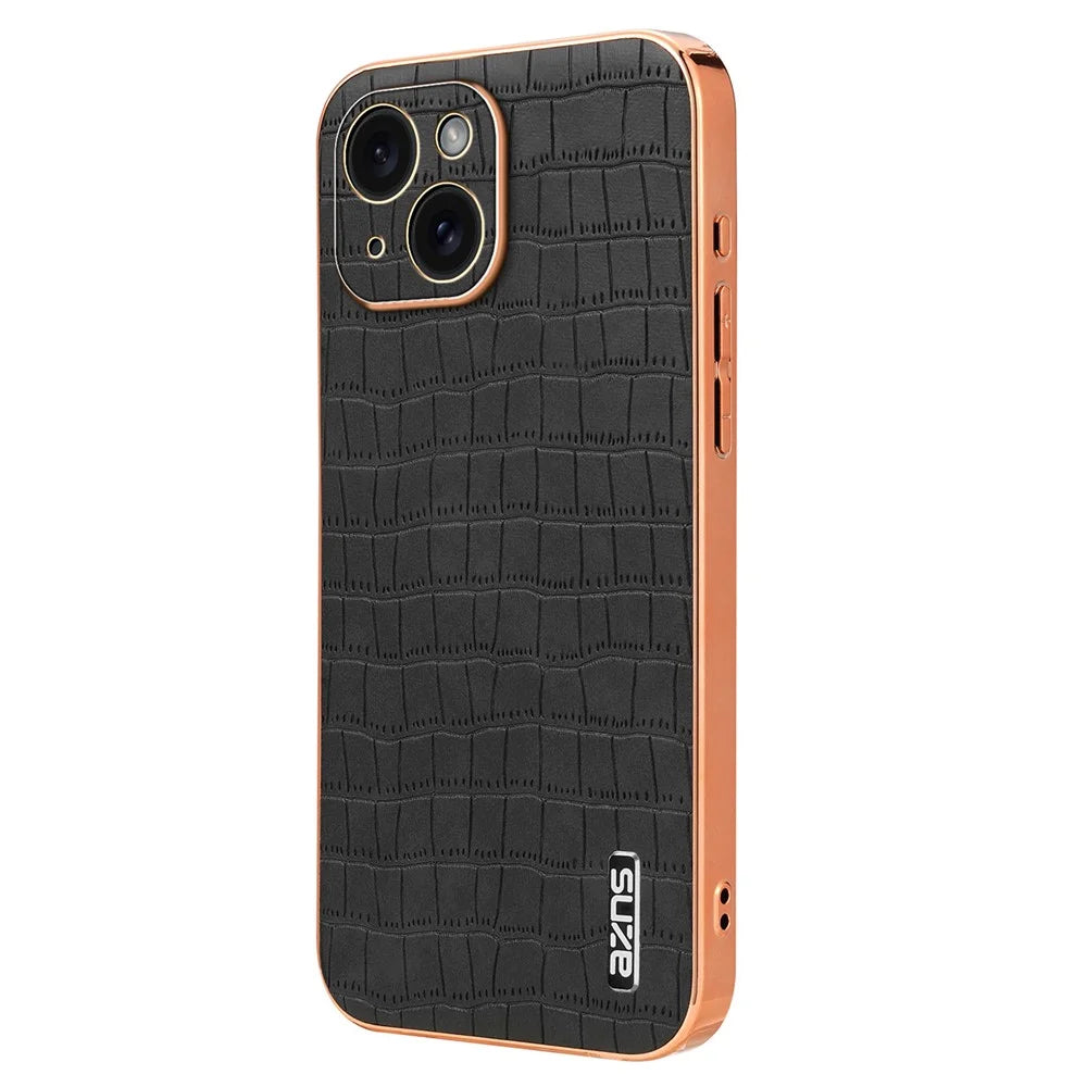 AZNS For iPhone 14 Plus Case Crocodile Texture PU+TPU Shockproof Phone Cover - Black - 1