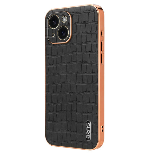 AZNS For iPhone 14 Plus Case Crocodile Texture PU+TPU Shockproof Phone Cover - Black - 1