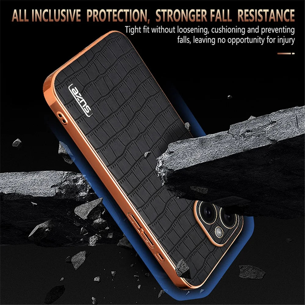 AZNS For iPhone 14 Plus Case Crocodile Texture PU+TPU Shockproof Phone Cover - Black - 5