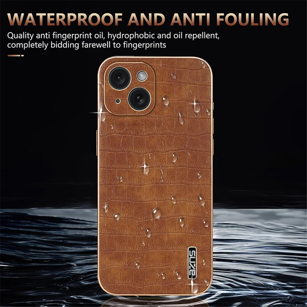 AZNS For iPhone 14 Plus Case Crocodile Texture PU+TPU Shockproof Phone Cover - Black - 7