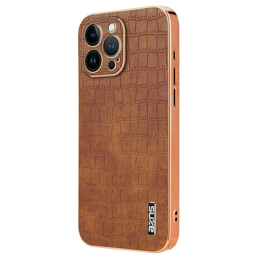 AZNS For iPhone 14 Pro Case Anti-Drop Crocodile Texture Leather+TPU Phone Cover - Brown - 1
