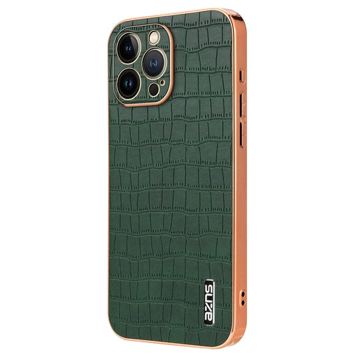 AZNS For iPhone 14 Pro Max Case Crocodile Texture Leather+TPU Anti-Scratch Phone Cover - Green - 1