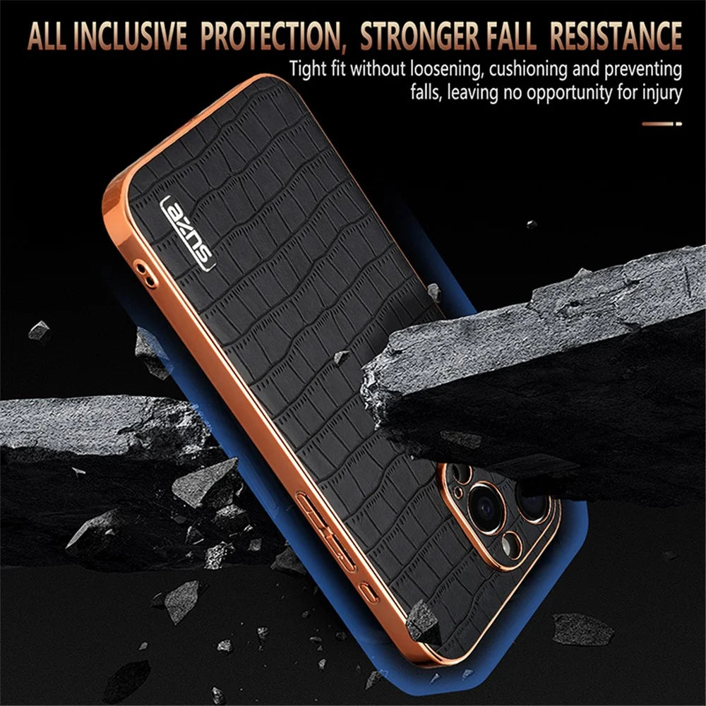 AZNS For iPhone 13 Pro Case Crocodile Texture Leather All Inclusive Back Phone Cover - Blue - 5