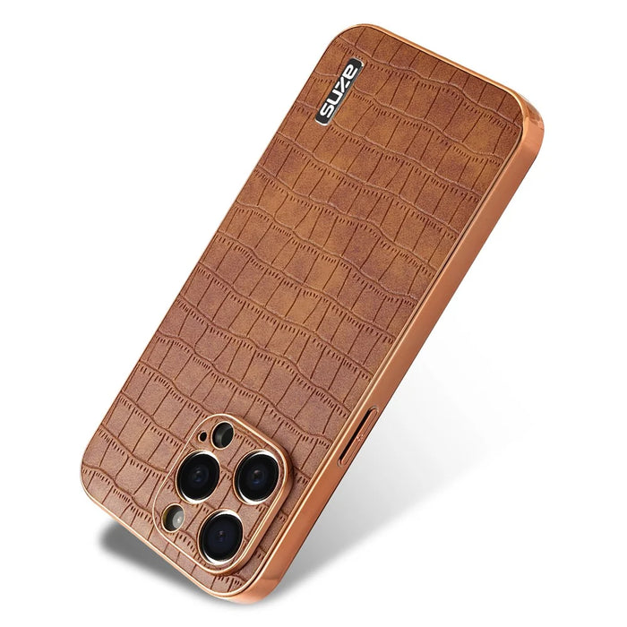 AZNS For iPhone 13 Pro Max Case Crocodile Texture Electroplating PU+TPU Phone Cover - Brown - 2