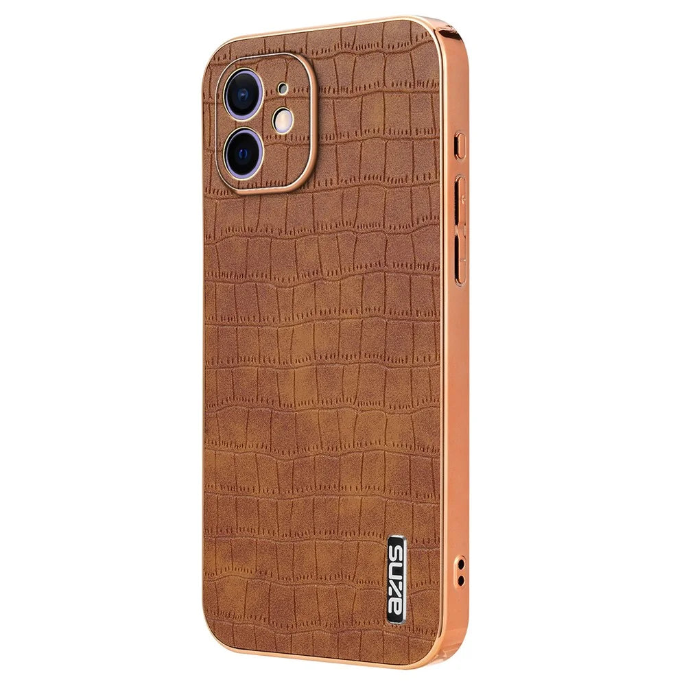 AZNS For iPhone 12 Case Crocodile Texture PU+TPU Shockproof Phone Cover - Brown - 1