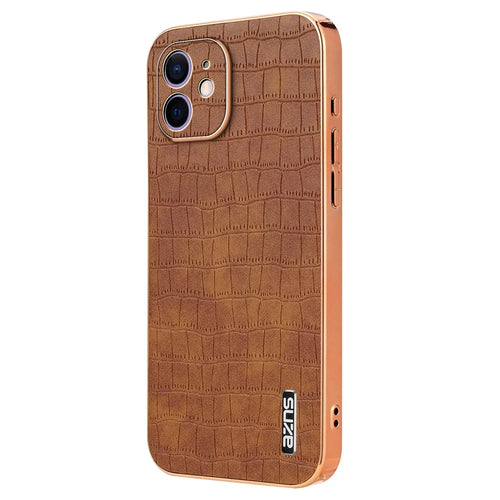 AZNS For iPhone 12 Case Crocodile Texture PU+TPU Shockproof Phone Cover - Brown - 1