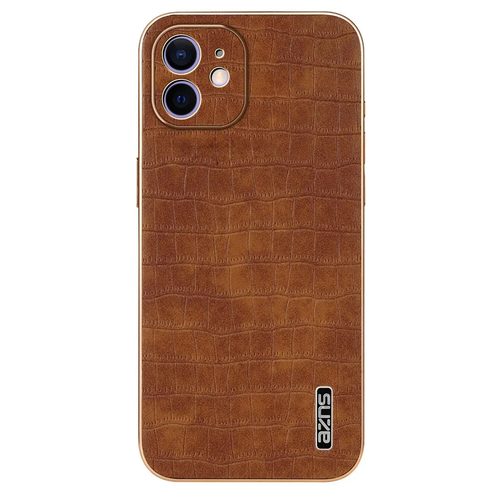 AZNS For iPhone 12 Case Crocodile Texture PU+TPU Shockproof Phone Cover - Brown - 2