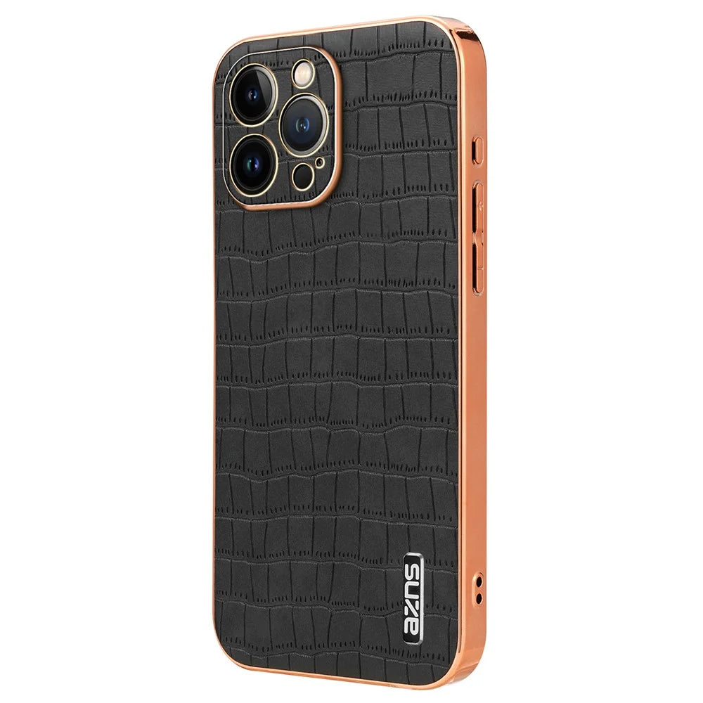 AZNS For iPhone 12 Pro Case Crocodile Texture Non-Slip Leather Back Cover Electroplating - Black - 1
