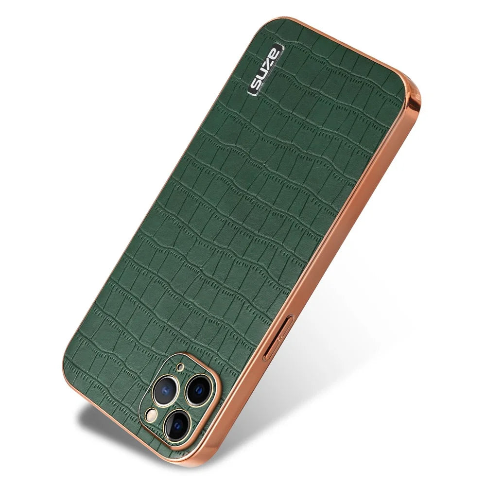 AZNS For iPhone 11 Pro Max Case Crocodile Texture PU+TPU Electroplating Phone Cover - Green - 3