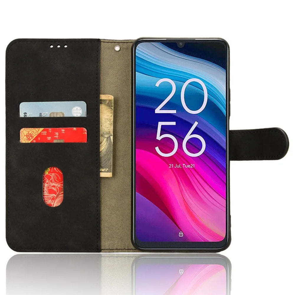 For TCL 505 Cell Phone Case Skin-Feel Leather Phone Stand Cover Wallet Stand Phone Shell - Black - 2