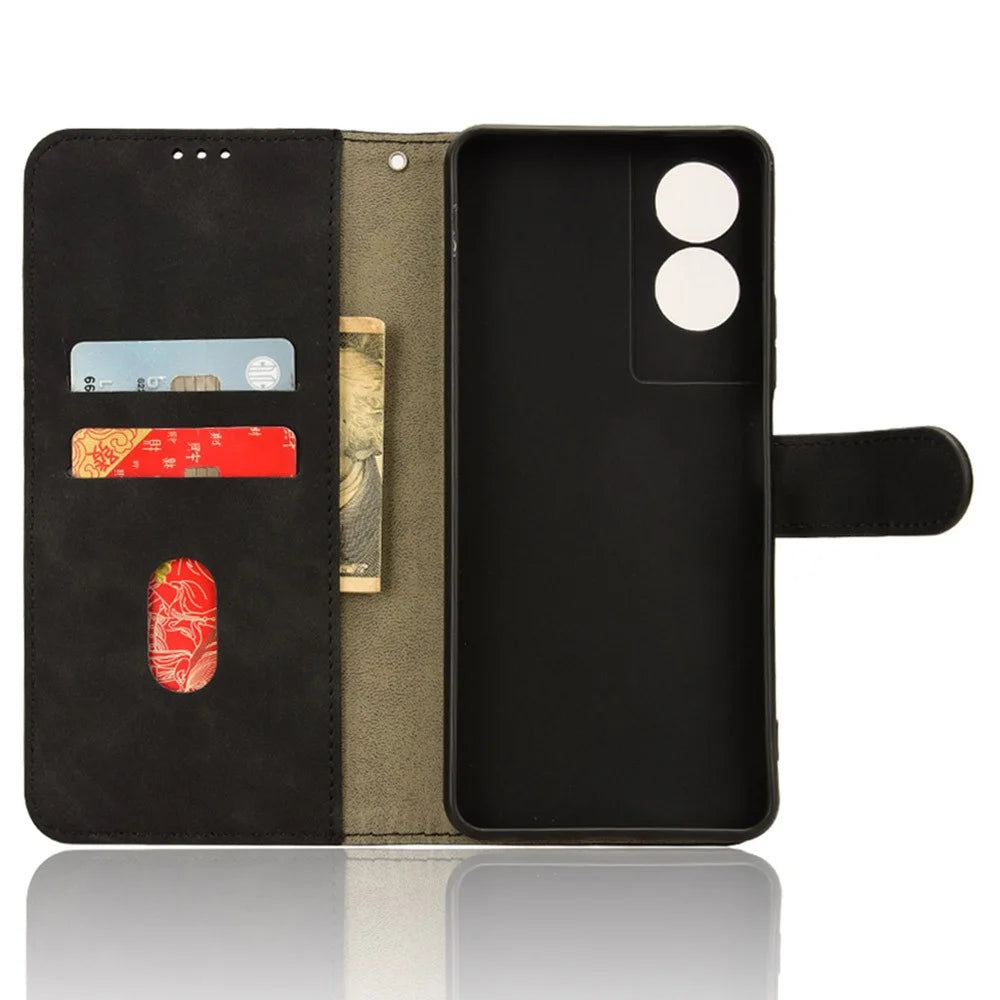 For TCL 505 Cell Phone Case Skin-Feel Leather Phone Stand Cover Wallet Stand Phone Shell - Black - 4