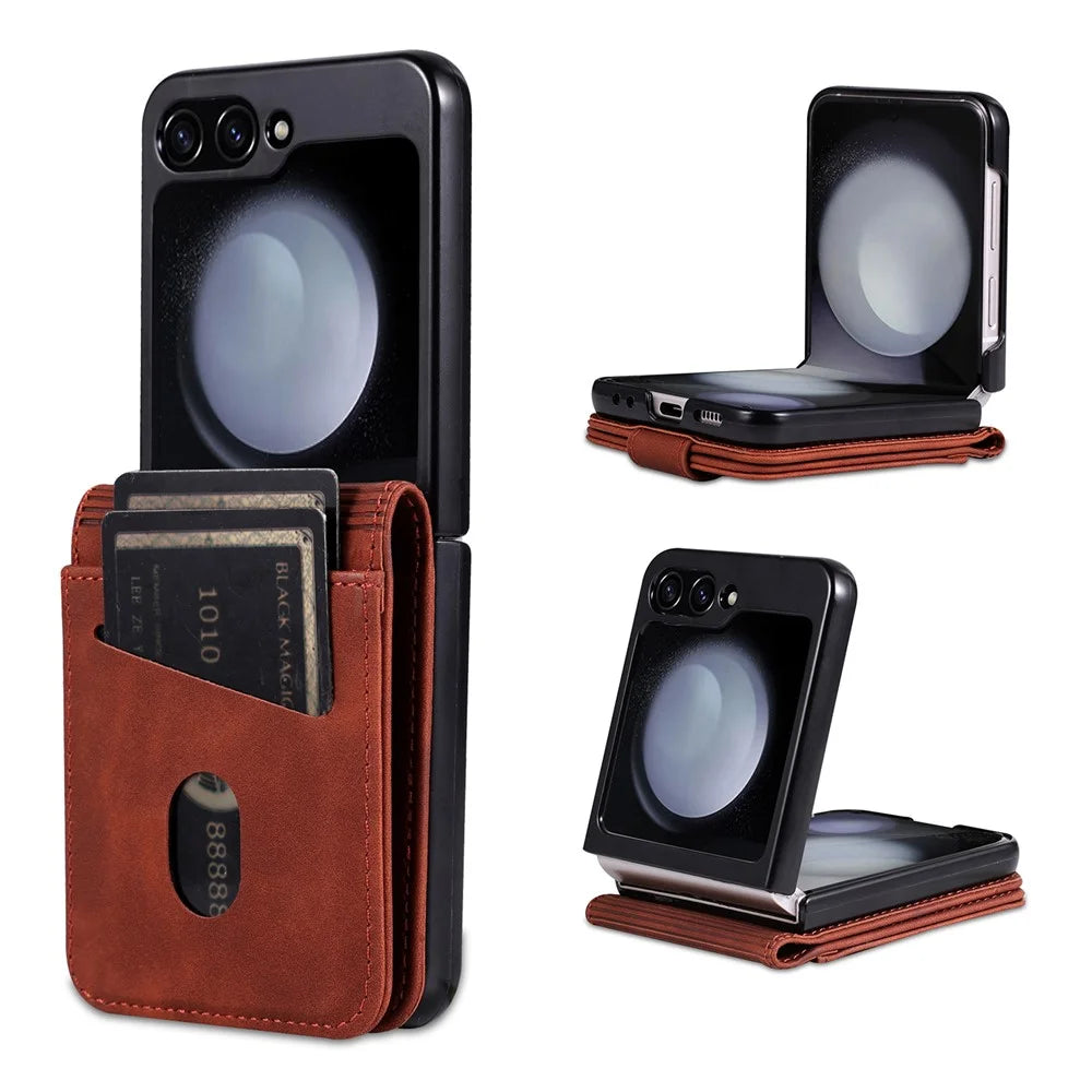 AZNS For Samsung Galaxy Z Flip7 FE 5G / Z Flip6 5G Case Ultra Thin Leather Phone Cover with Card Holder - Brown - 1