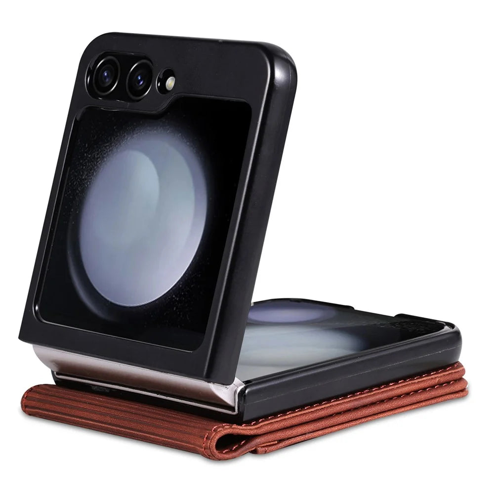 AZNS For Samsung Galaxy Z Flip7 FE 5G / Z Flip6 5G Case Ultra Thin Leather Phone Cover with Card Holder - Brown - 3