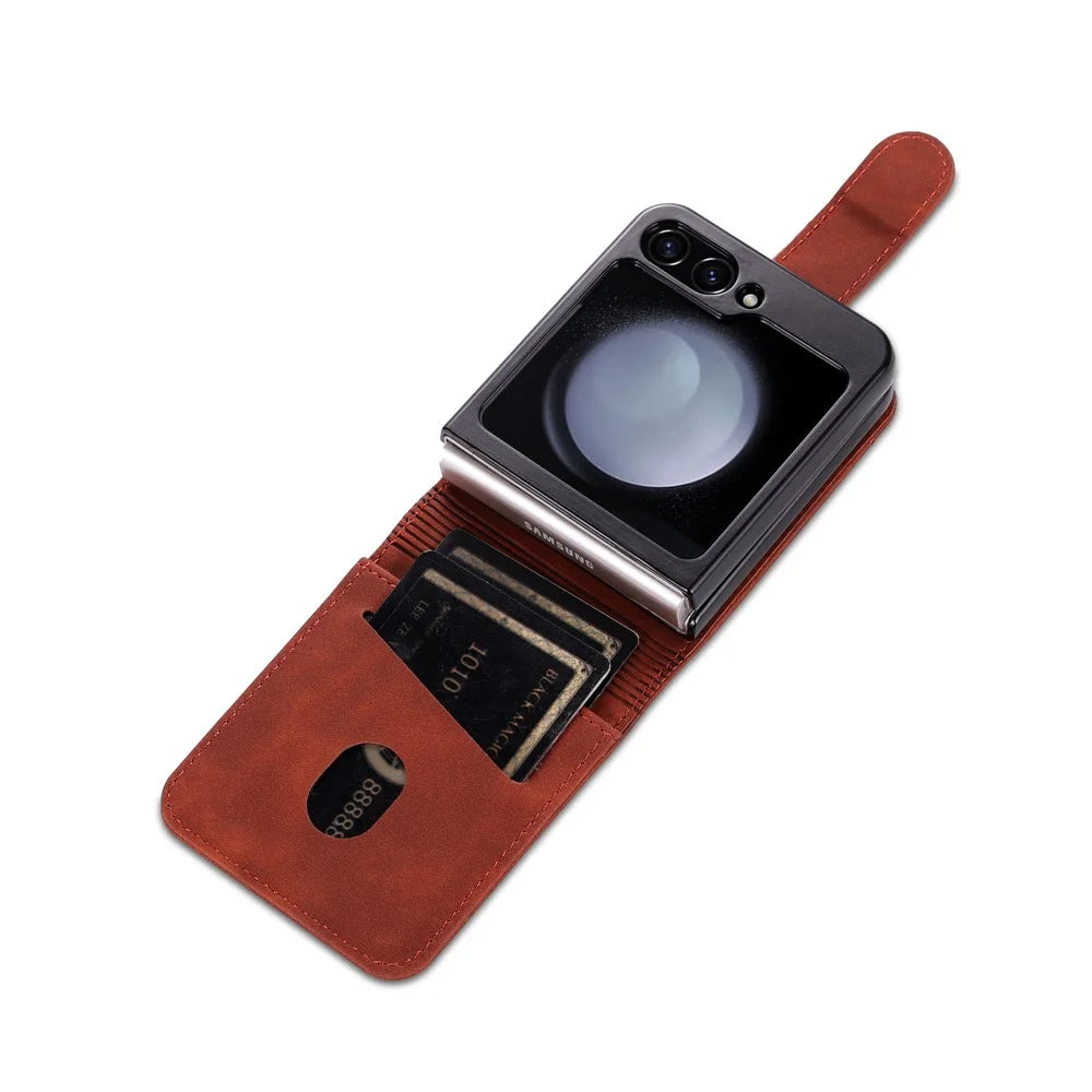 AZNS For Samsung Galaxy Z Flip7 FE 5G / Z Flip6 5G Case Ultra Thin Leather Phone Cover with Card Holder - Brown - 6