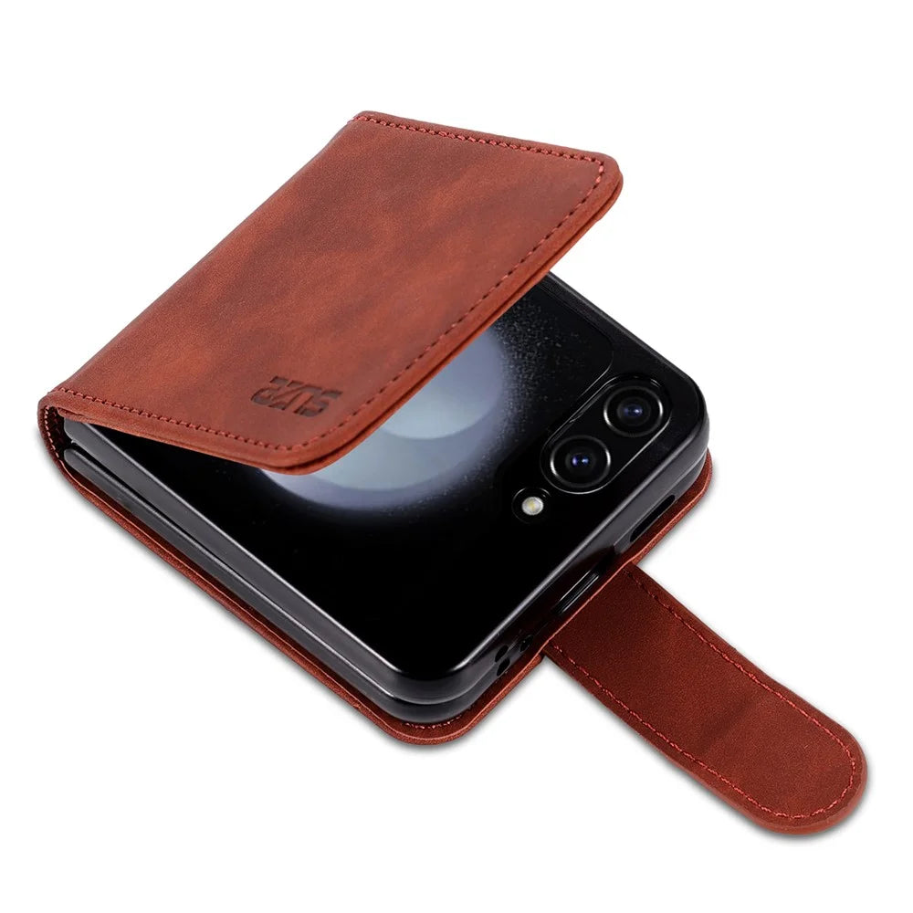 AZNS For Samsung Galaxy Z Flip7 FE 5G / Z Flip6 5G Case Ultra Thin Leather Phone Cover with Card Holder - Brown - 7
