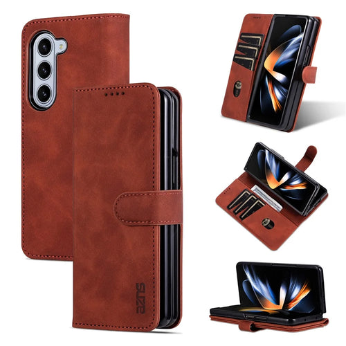 AZNS For Samsung Galaxy Z Fold6 5G Case PC Interior PU Leather Phone Cover Wallet - Brown - 1