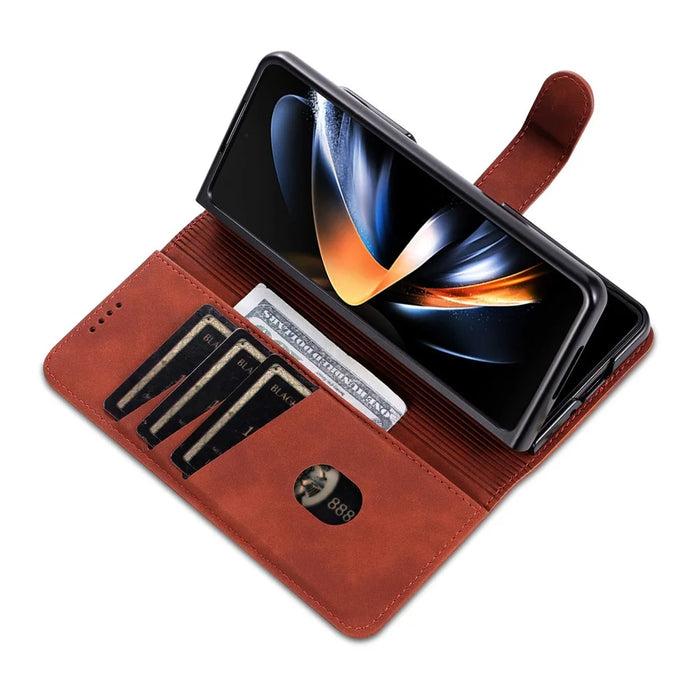 AZNS For Samsung Galaxy Z Fold6 5G Case PC Interior PU Leather Phone Cover Wallet - Brown - 5