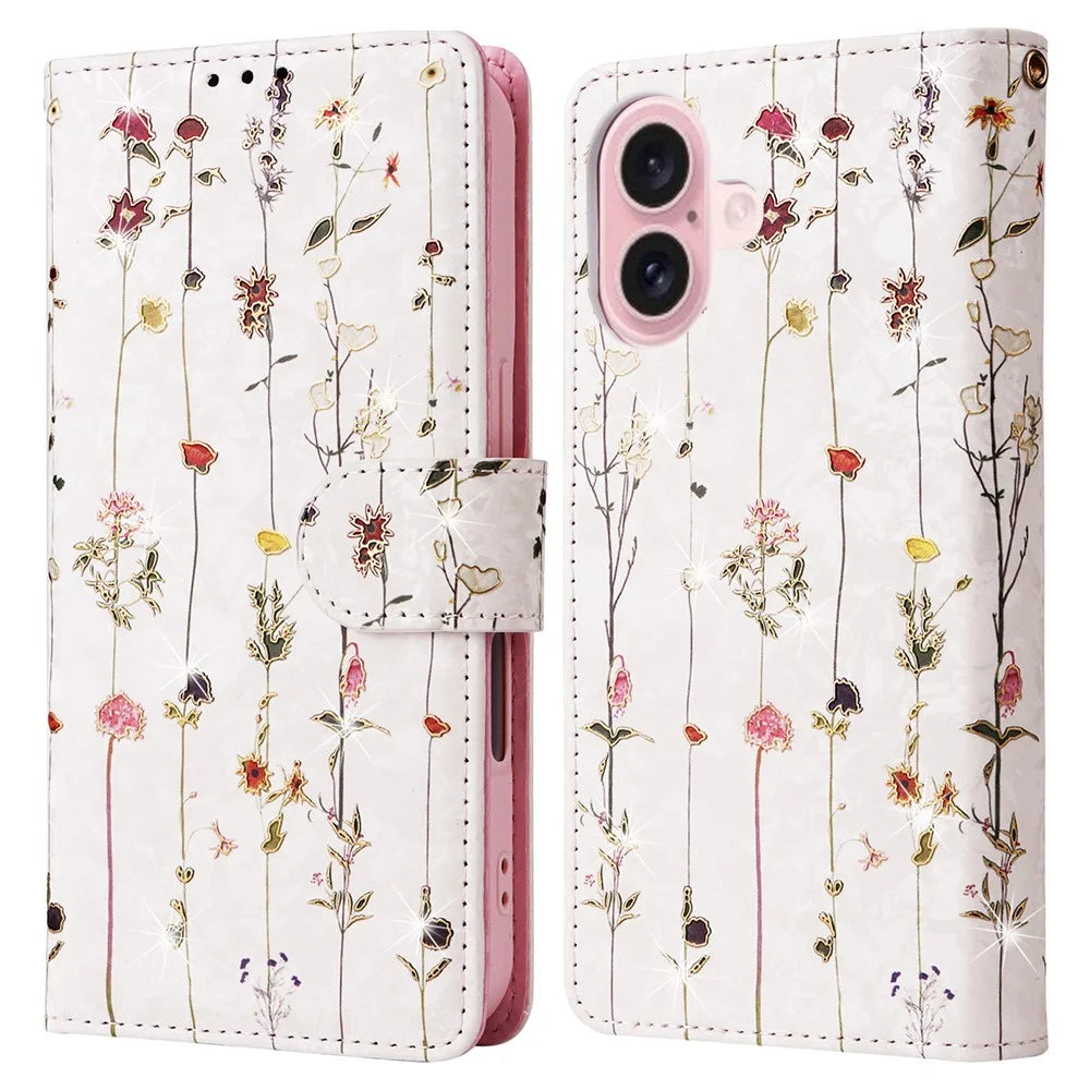 For iPhone 16 Case RFID Blocking Wallet Lacquered Design Mobile Phone Cover - Small Flower - 1