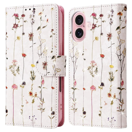 For iPhone 16 Case RFID Blocking Wallet Lacquered Design Mobile Phone Cover - Small Flower - 1