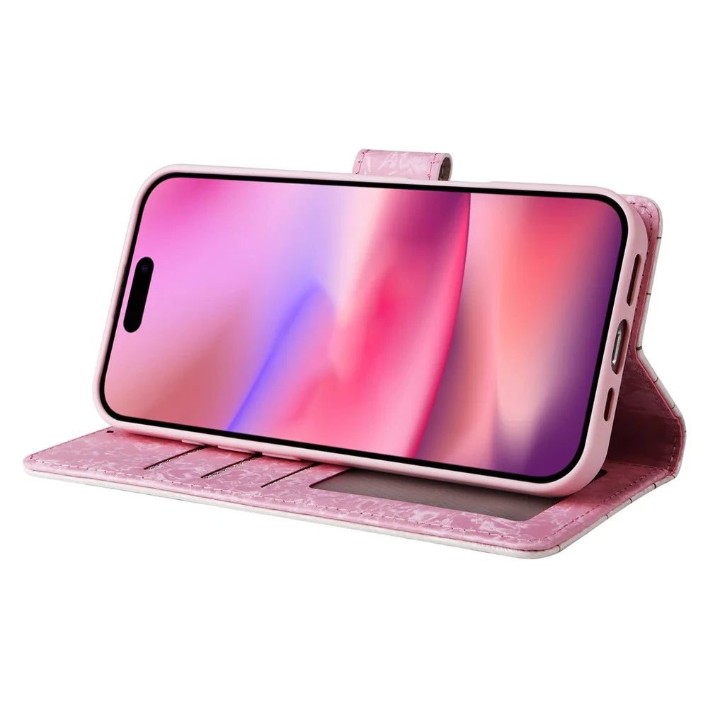 For iPhone 16 Case RFID Blocking Wallet Lacquered Design Mobile Phone Cover - Small Flower - 3