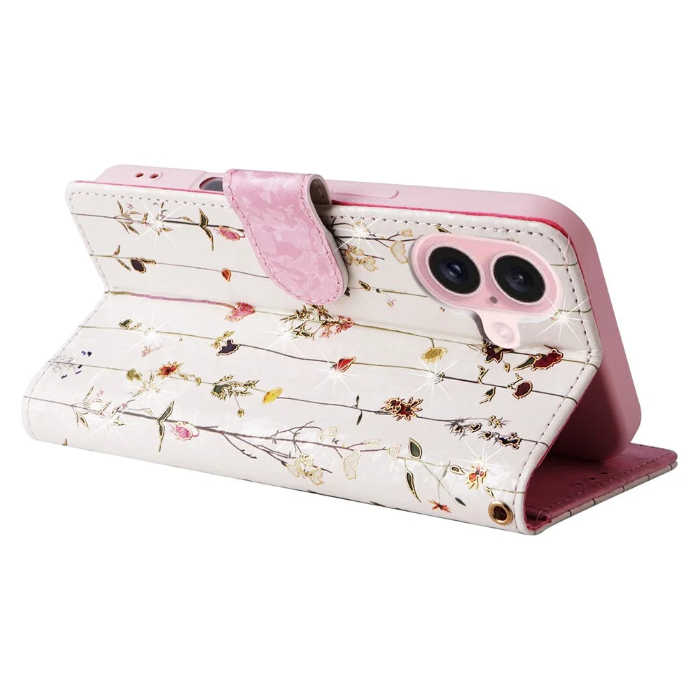 For iPhone 16 Case RFID Blocking Wallet Lacquered Design Mobile Phone Cover - Small Flower - 4