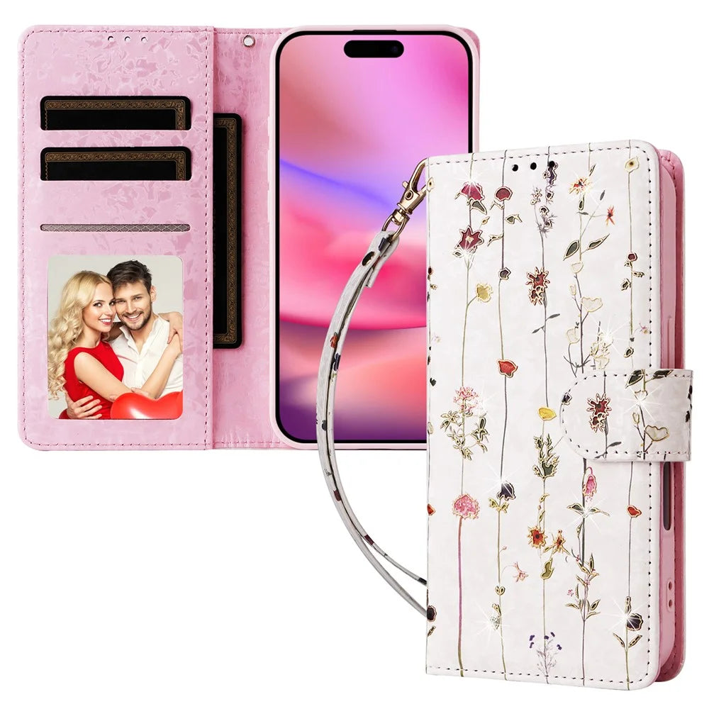For iPhone 16 Case RFID Blocking Wallet Lacquered Design Mobile Phone Cover - Small Flower - 5