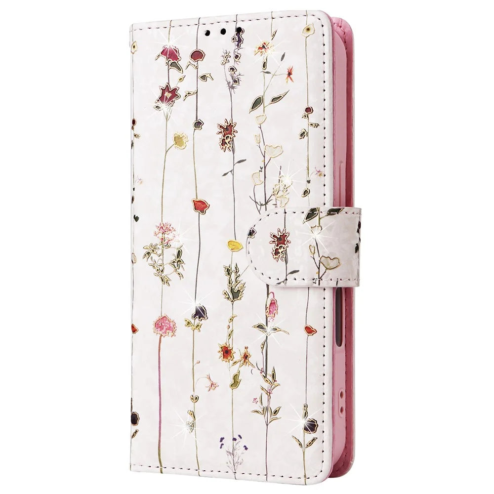 For iPhone 16 Case RFID Blocking Wallet Lacquered Design Mobile Phone Cover - Small Flower - 6