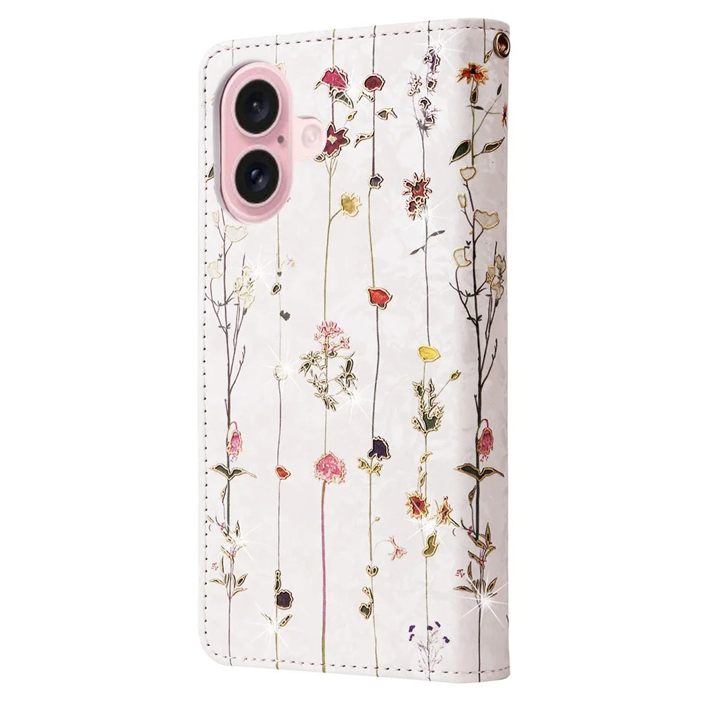 For iPhone 16 Case RFID Blocking Wallet Lacquered Design Mobile Phone Cover - Small Flower - 7