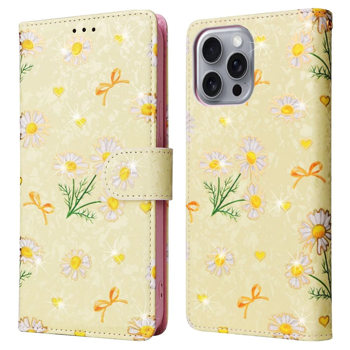 For iPhone 16 Pro Max Cell Phone Case Lacquered RFID Blocking PU Leather Cover - Yellow Daisy - 1