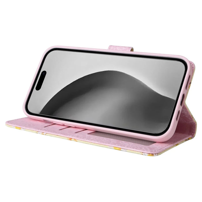 For iPhone 16 Pro Max Cell Phone Case Lacquered RFID Blocking PU Leather Cover - Yellow Daisy - 3