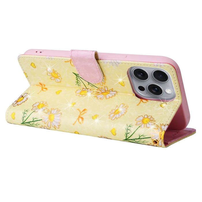 For iPhone 16 Pro Max Cell Phone Case Lacquered RFID Blocking PU Leather Cover - Yellow Daisy - 4