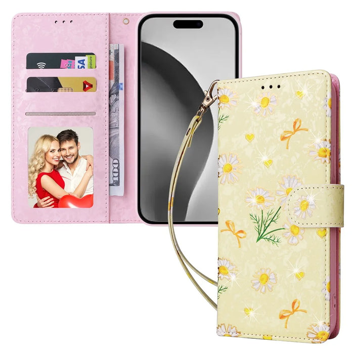 For iPhone 16 Pro Max Cell Phone Case Lacquered RFID Blocking PU Leather Cover - Yellow Daisy - 5