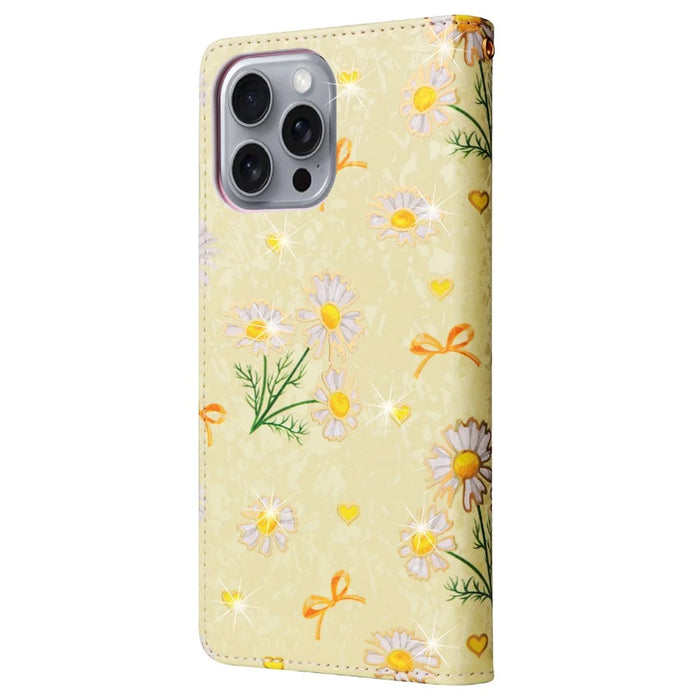 For iPhone 16 Pro Max Cell Phone Case Lacquered RFID Blocking PU Leather Cover - Yellow Daisy - 7