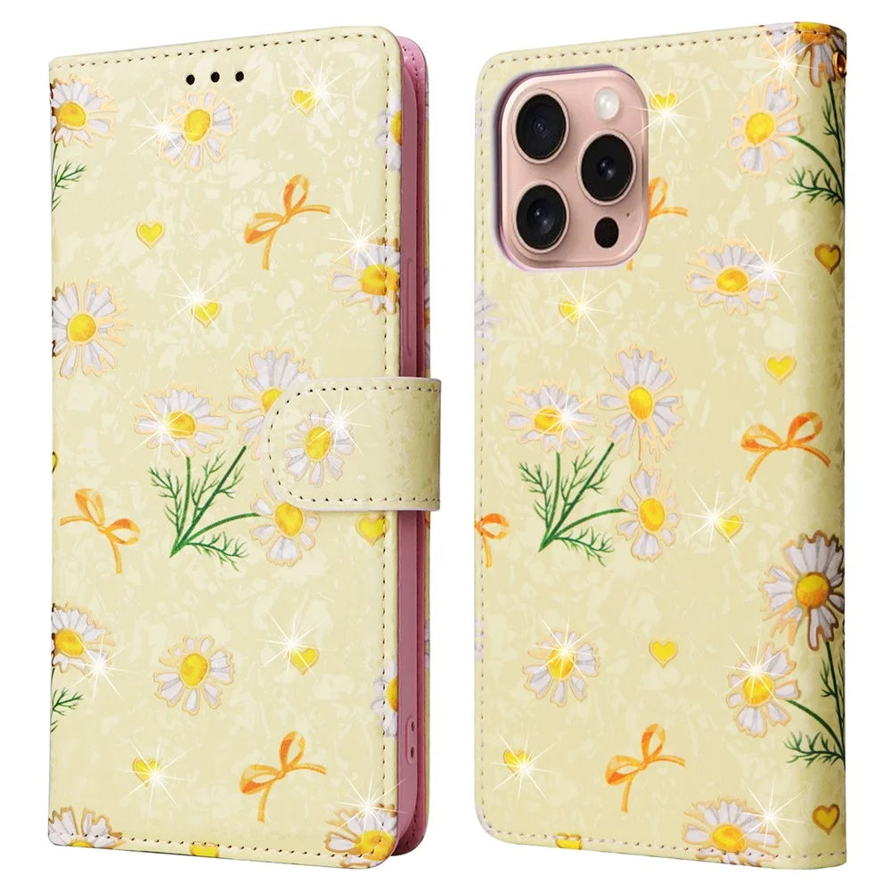 For iPhone 16 Pro Case Lacquered RFID Blocking Wallet PU Leather Stand Phone Cover - Yellow Daisy - 1
