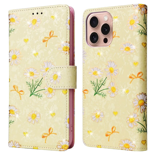 For iPhone 16 Pro Case Lacquered RFID Blocking Wallet PU Leather Stand Phone Cover - Yellow Daisy - 1
