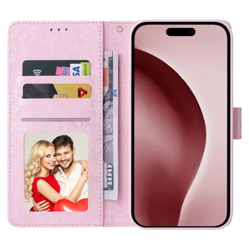 For iPhone 16 Pro Case Lacquered RFID Blocking Wallet PU Leather Stand Phone Cover - Yellow Daisy - 2
