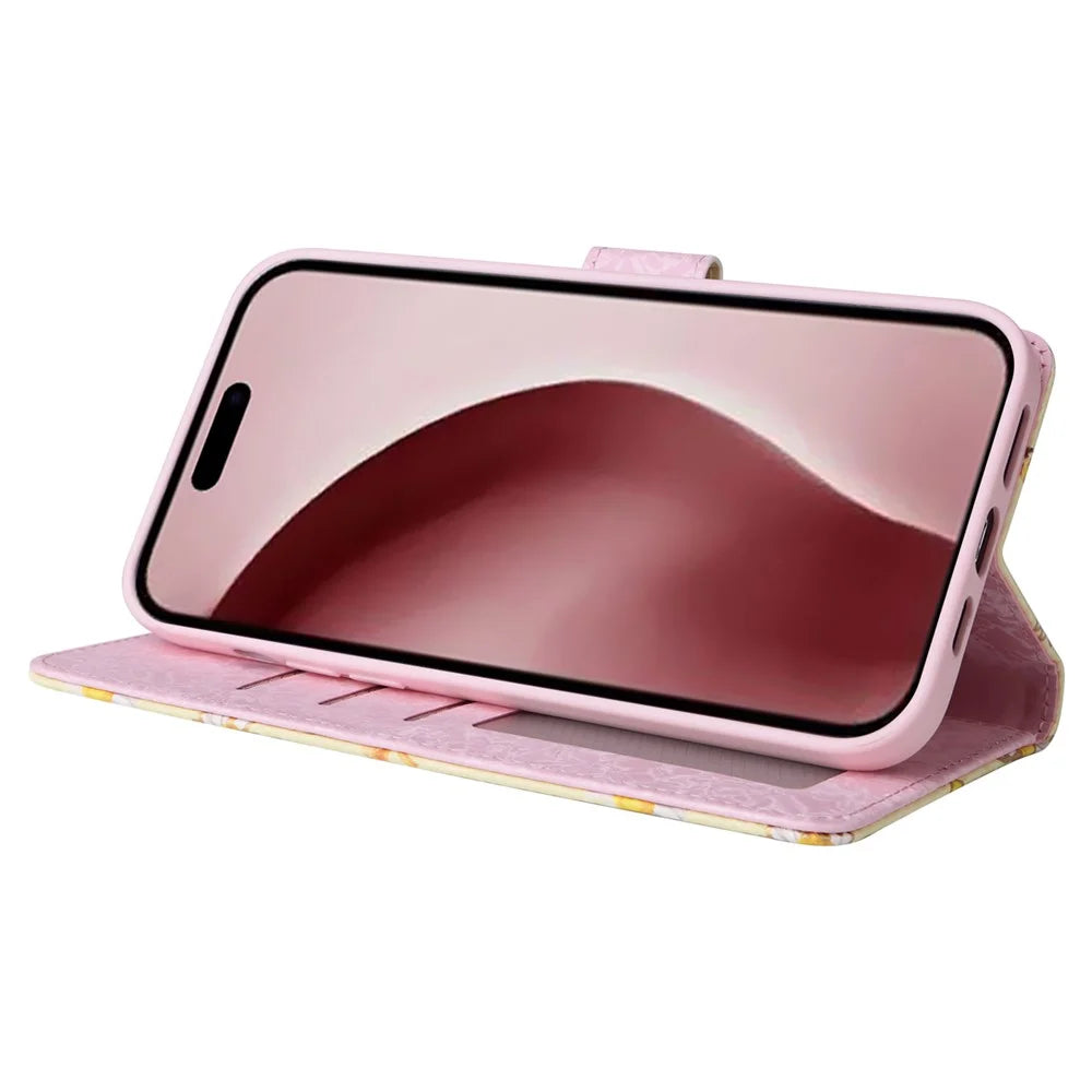 For iPhone 16 Pro Case Lacquered RFID Blocking Wallet PU Leather Stand Phone Cover - Yellow Daisy - 3
