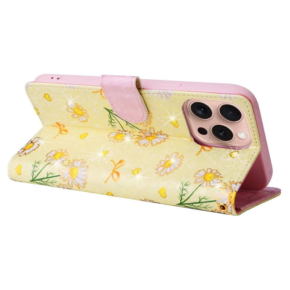 For iPhone 16 Pro Case Lacquered RFID Blocking Wallet PU Leather Stand Phone Cover - Yellow Daisy - 4