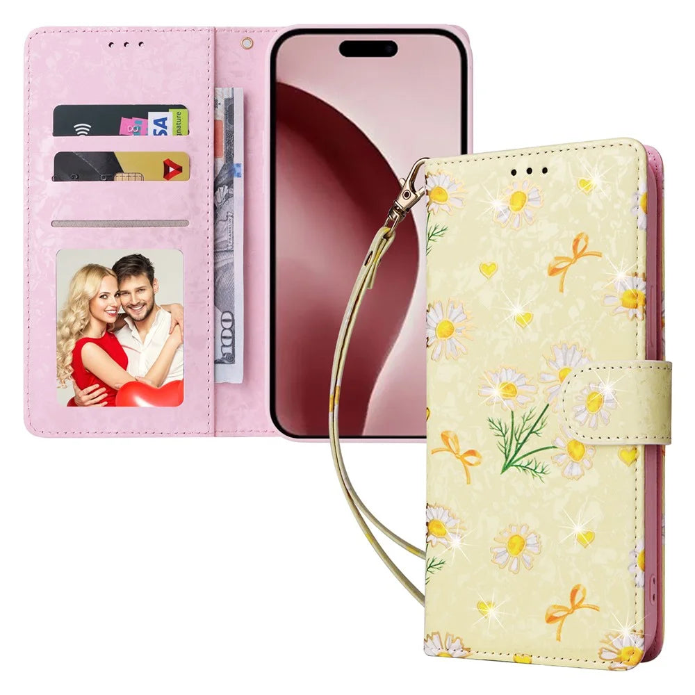 For iPhone 16 Pro Case Lacquered RFID Blocking Wallet PU Leather Stand Phone Cover - Yellow Daisy - 5