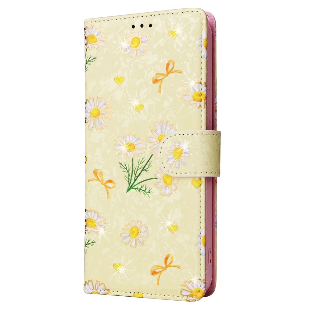 For iPhone 16 Pro Case Lacquered RFID Blocking Wallet PU Leather Stand Phone Cover - Yellow Daisy - 6
