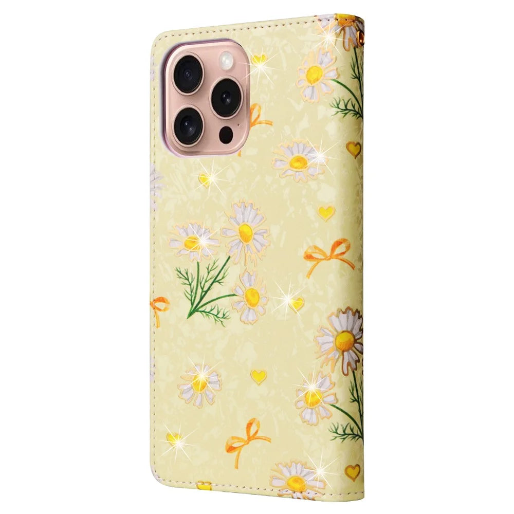 For iPhone 16 Pro Case Lacquered RFID Blocking Wallet PU Leather Stand Phone Cover - Yellow Daisy - 7