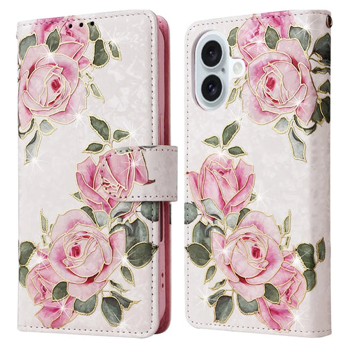 For iPhone 16 Plus Case Lacquered RFID Blocking Wallet Drop-proof PU Leather Phone Cover - Flower - 1