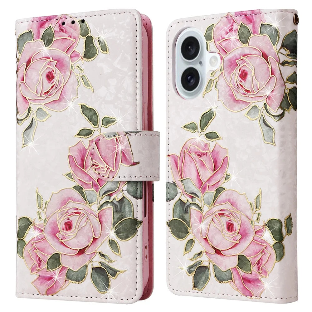 For iPhone 16 Plus Case Lacquered RFID Blocking Wallet Drop-proof PU Leather Phone Cover - Flower - 1