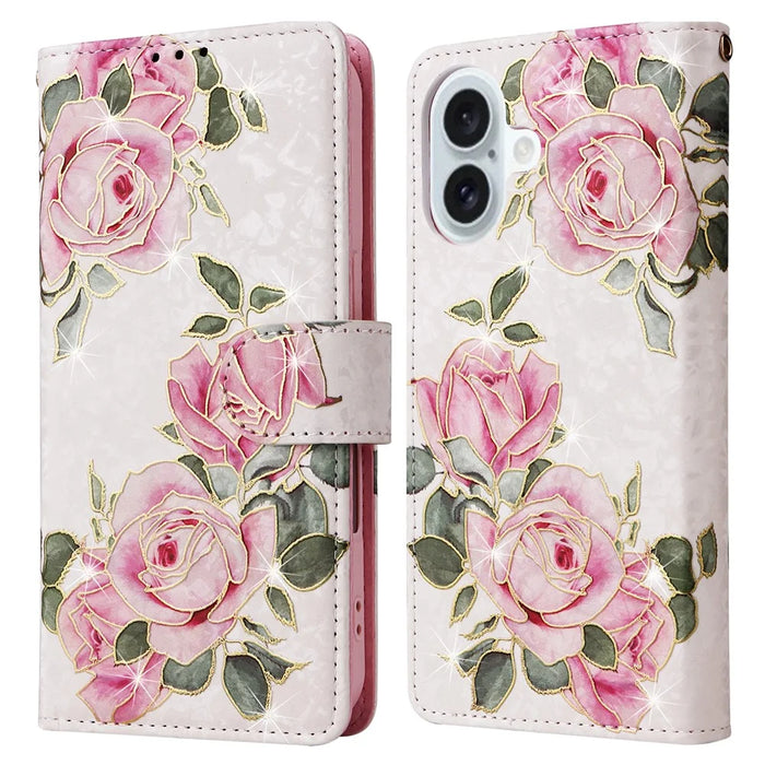 For iPhone 16 Plus Case Lacquered RFID Blocking Wallet Drop-proof PU Leather Phone Cover - Flower - 1