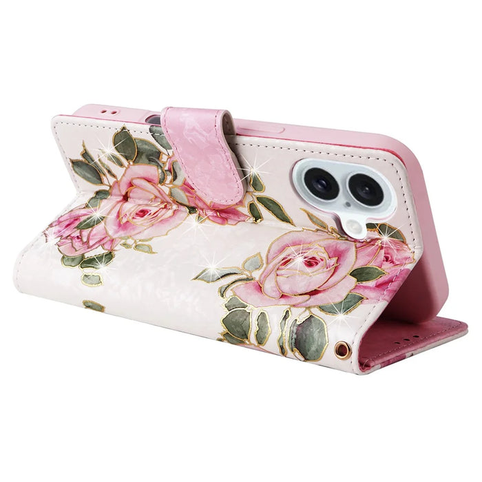 For iPhone 16 Plus Case Lacquered RFID Blocking Wallet Drop-proof PU Leather Phone Cover - Flower - 4