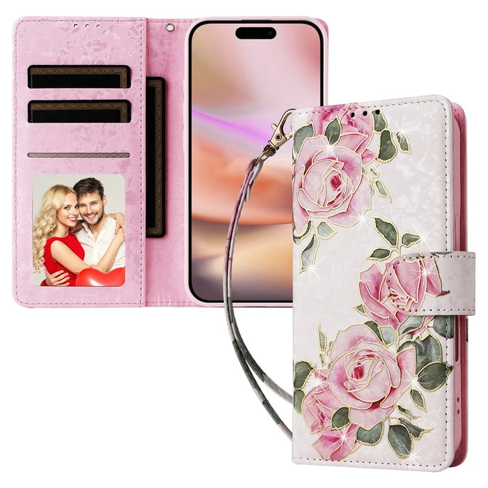 For iPhone 16 Plus Case Lacquered RFID Blocking Wallet Drop-proof PU Leather Phone Cover - Flower - 5