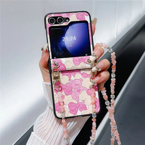 For Samsung Galaxy Z Flip5 5G Case PU Leather Coated PC Phone Cover with Jade Stones Crossbody Strap - Bear - 1