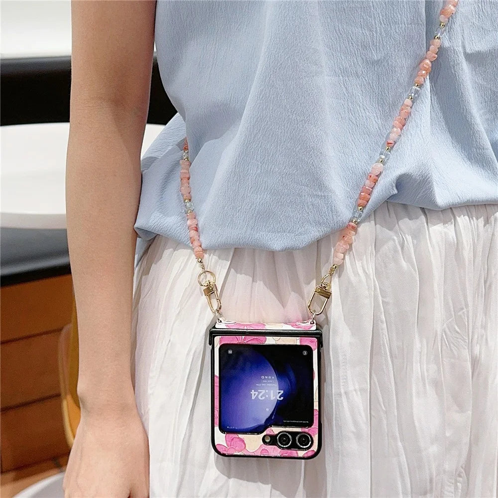 For Samsung Galaxy Z Flip5 5G Case PU Leather Coated PC Phone Cover with Jade Stones Crossbody Strap - Bear - 2